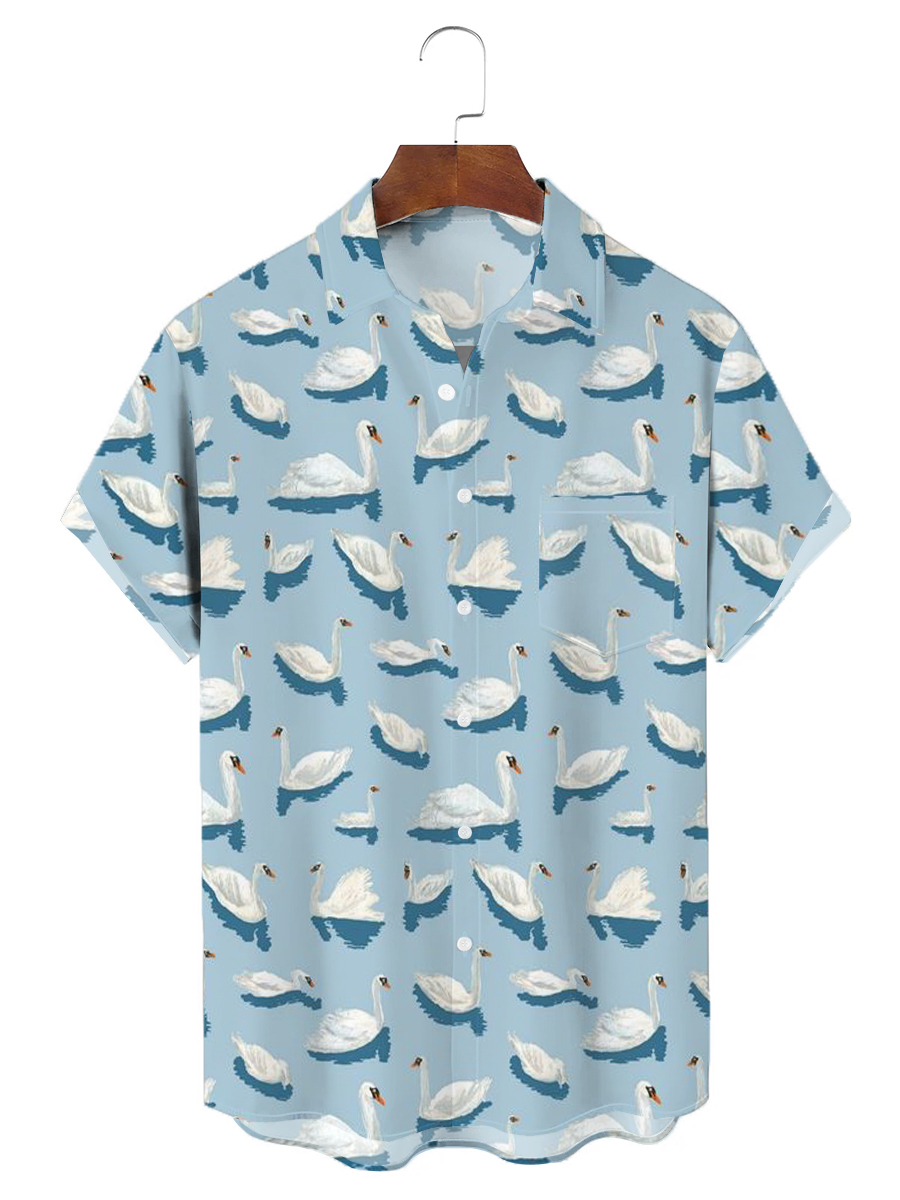 Moisture-Wicking Swan Chest Pocket Hawaiian Shirt