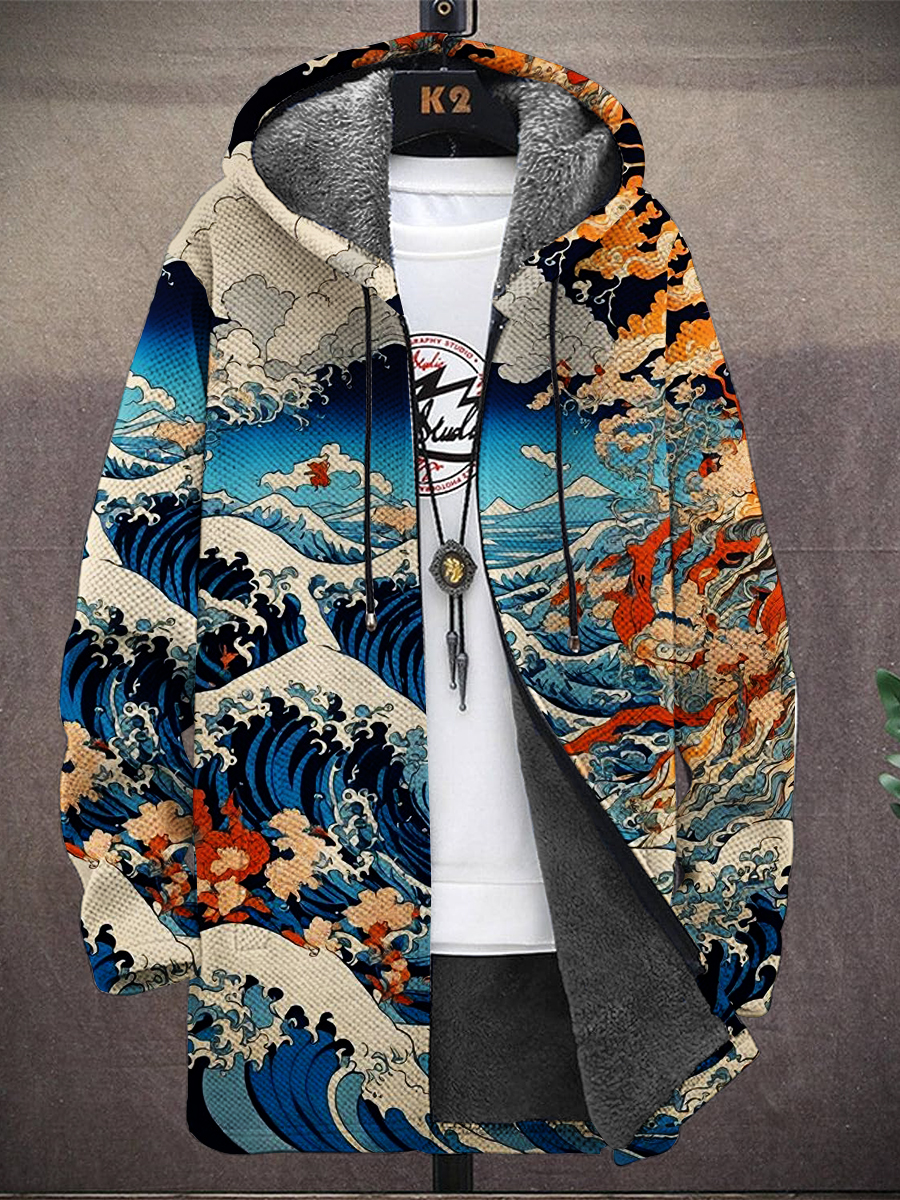 Men's Art Japanese Style Ukiyo-e Print Hooded Two-Pocket Fleece Cardigan Jacket