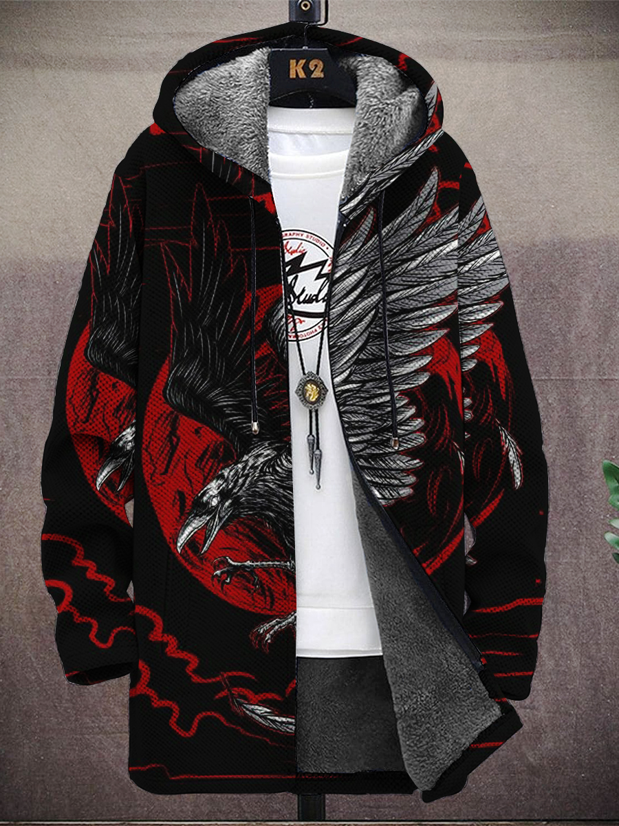 Men's Art Eagle Print Hooded Two-Pocket Fleece Cardigan Jacket