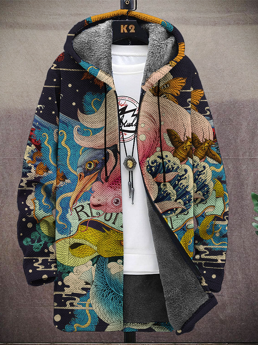 Men's Ukiyo-e Koi Print Hooded Two-Pocket Fleece Jacket