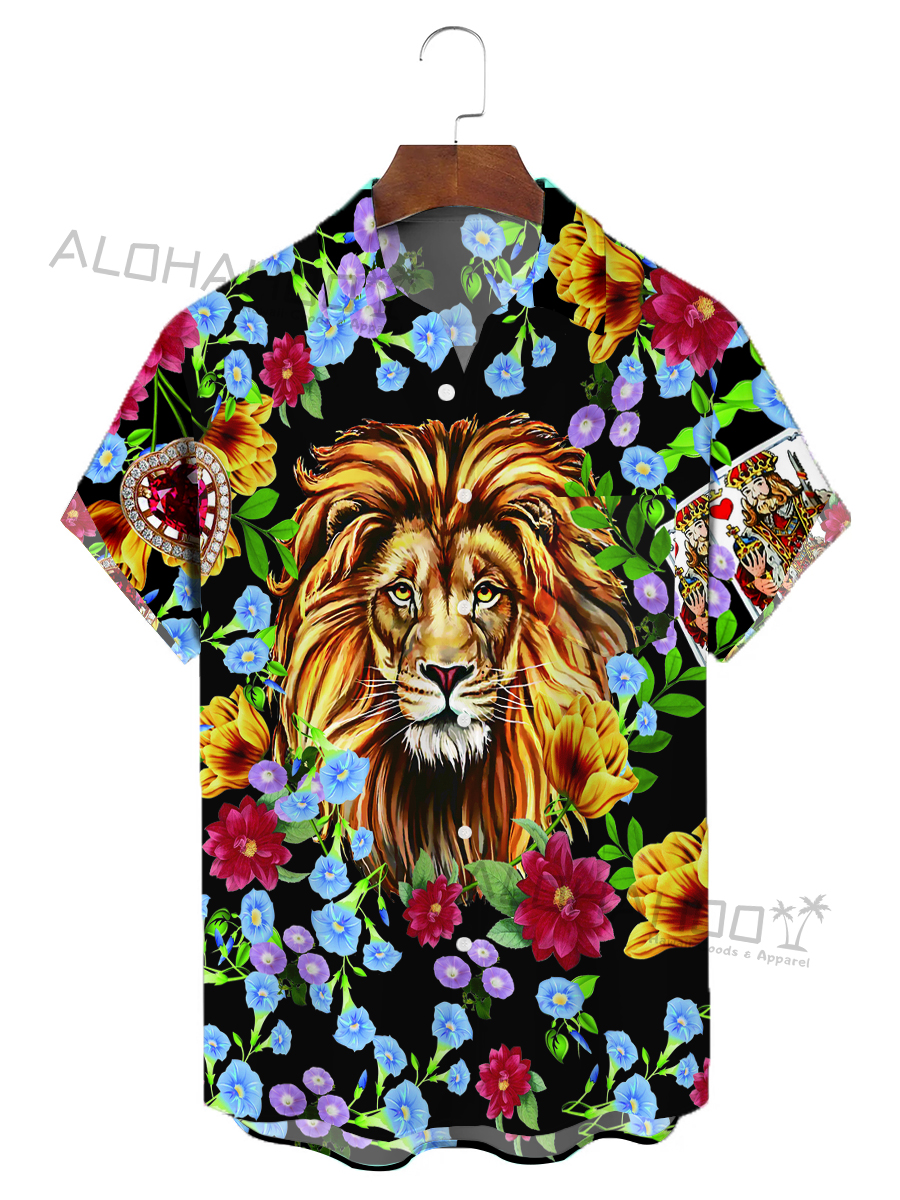 Moisture-Wicking Lion And Floral Chest Pocket Hawaiian Shirt