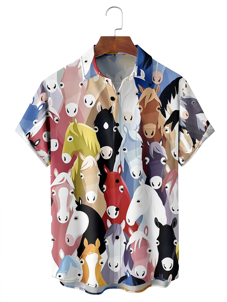 Men's Hawaiian Shirt Horses Print Button Down Pocket Shirt