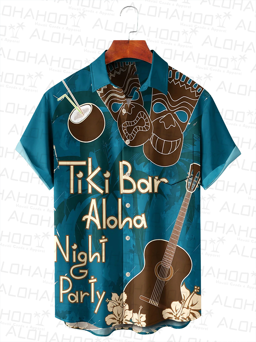 Vacation Tiki Bar Aloha Night Party Chest Pocket Hawaiian Shirt