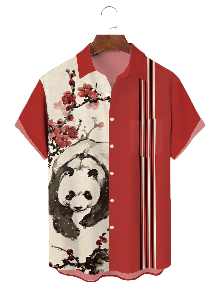 Men's Hawaiian Shirts Panda Chest Pocket Short Sleeve Bowling Shirt
