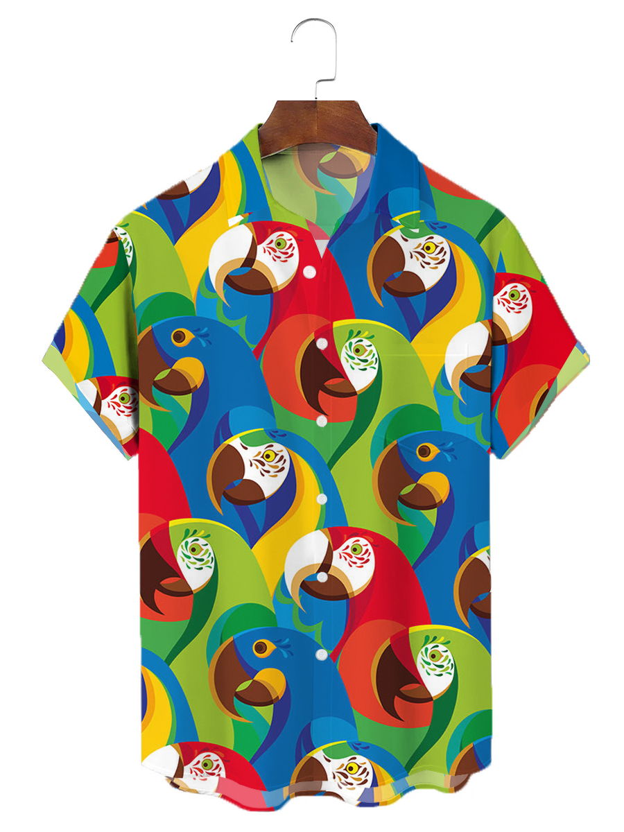 Multicolor Parrot Chest Pocket Short Sleeve Shirt