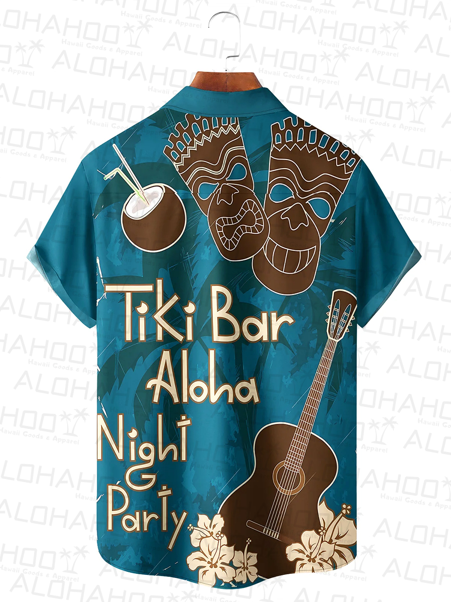 Vacation Tiki Bar Aloha Night Party Chest Pocket Hawaiian Shirt