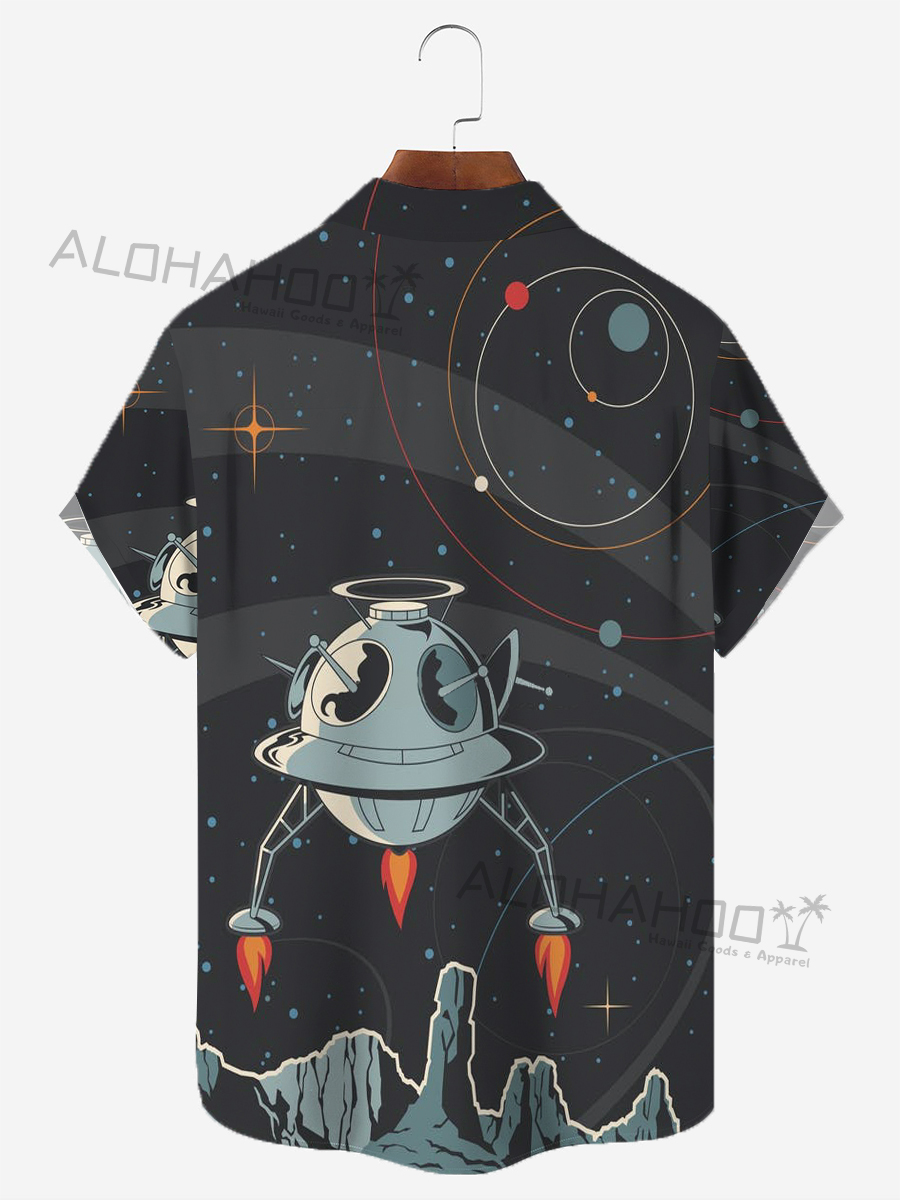 Space Adventure Alien Robot Chest Pocket Hawaiian Shirt