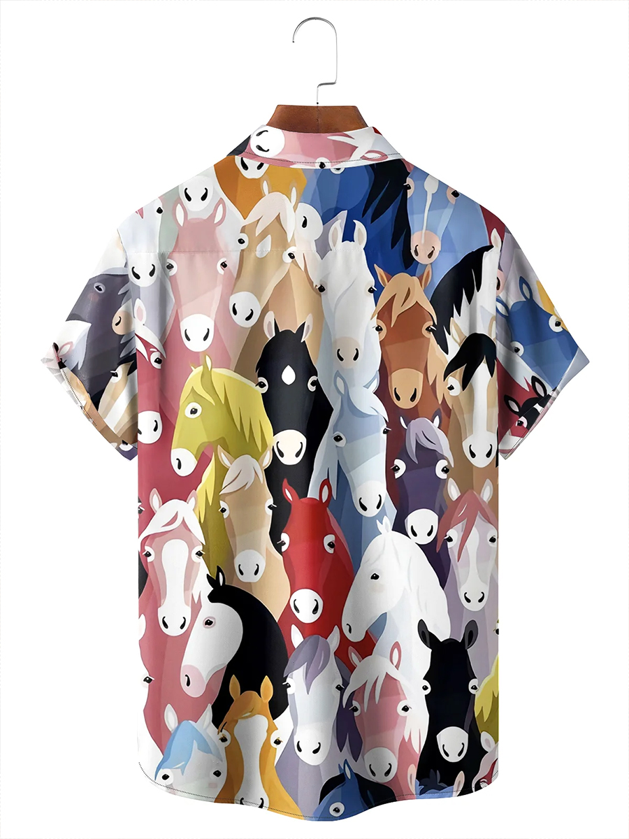 Men's Hawaiian Shirt Horses Print Button Down Pocket Shirt