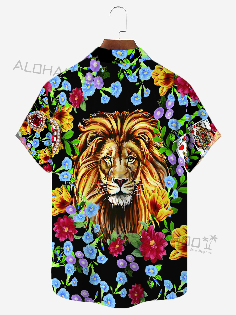 Moisture-Wicking Lion And Floral Chest Pocket Hawaiian Shirt