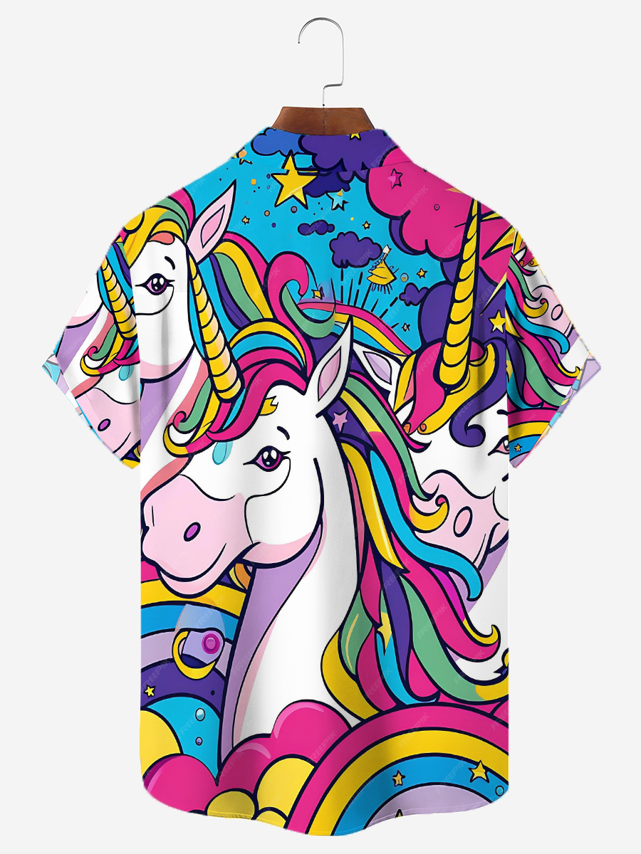 Men's Hawaiian Shirts Fun Pride Rainbow Unicorn Chest Pocket Shirts