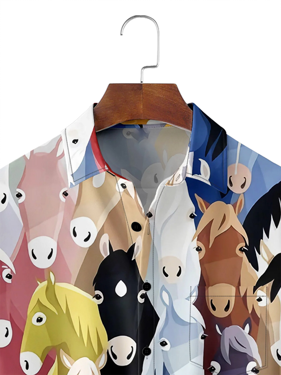 Men's Hawaiian Shirt Horses Print Button Down Pocket Shirt