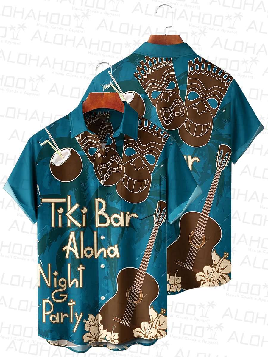 Vacation Tiki Bar Aloha Night Party Chest Pocket Hawaiian Shirt