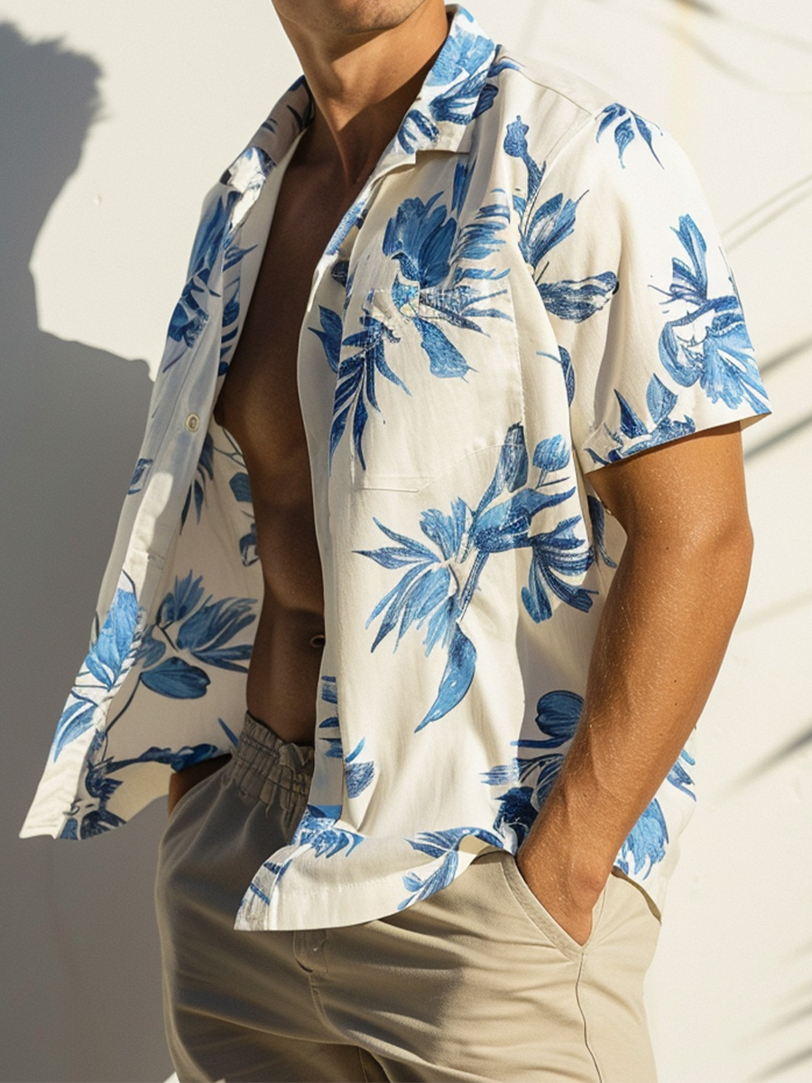 Men's Shirts Casual Blue Floral Printed Short Sleeve Shirt