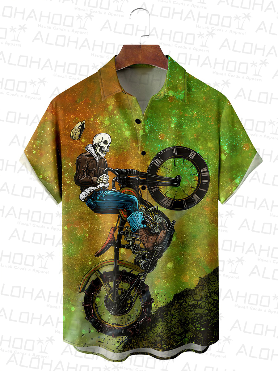 Skeleton Riding Motorbike Chest Pocket Hawaiian Shirt