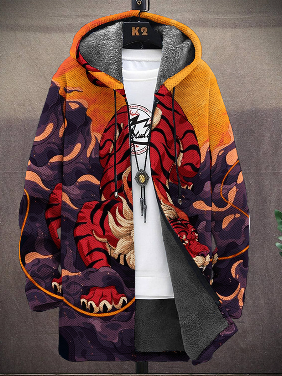 Men's Art Japanese Style Tiger Print Hooded Two-Pocket Fleece Cardigan Jacket