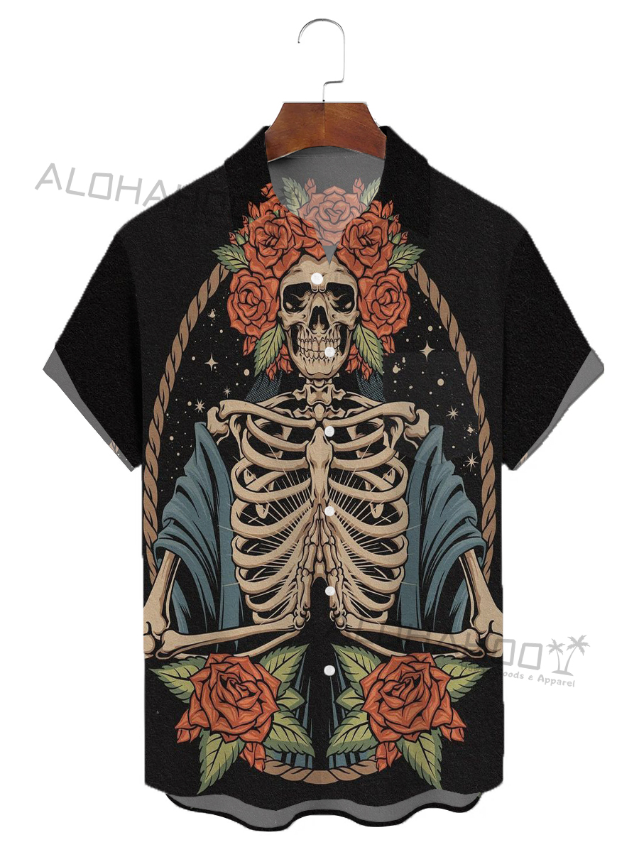 Moisture-Wicking Skeleton Chest Pocket Hawaiian Shirt