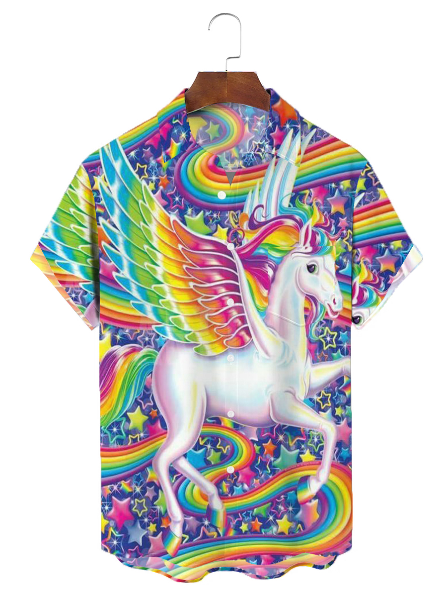 Men's Hawaiian Shirts Art Rainbow Unicorn Aloha Chest Pocket Shirts