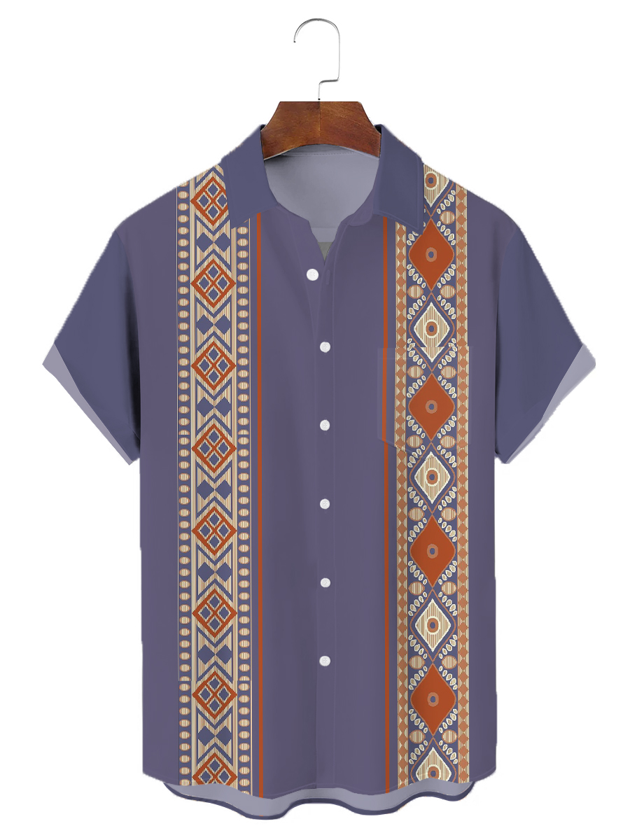 Men's Vintage Native Stripes Chest Pocket Short Sleeve Shirt