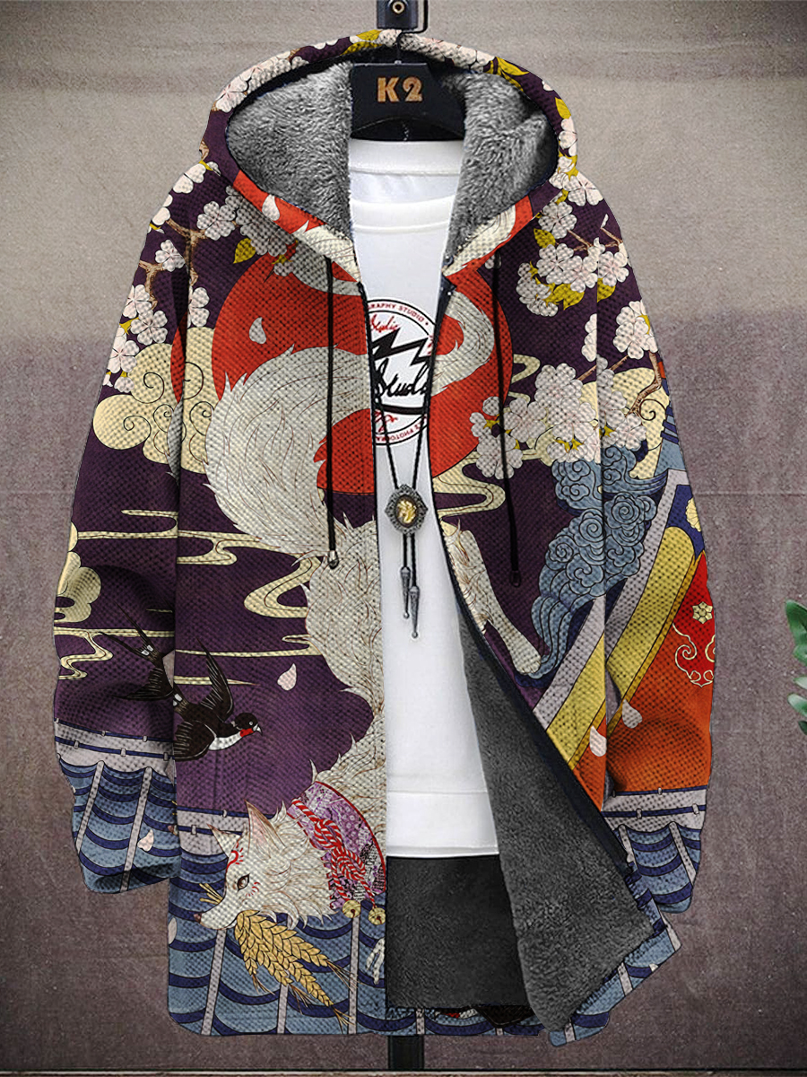 Men's Art Fox Print Hooded Two-Pocket Fleece Jacket