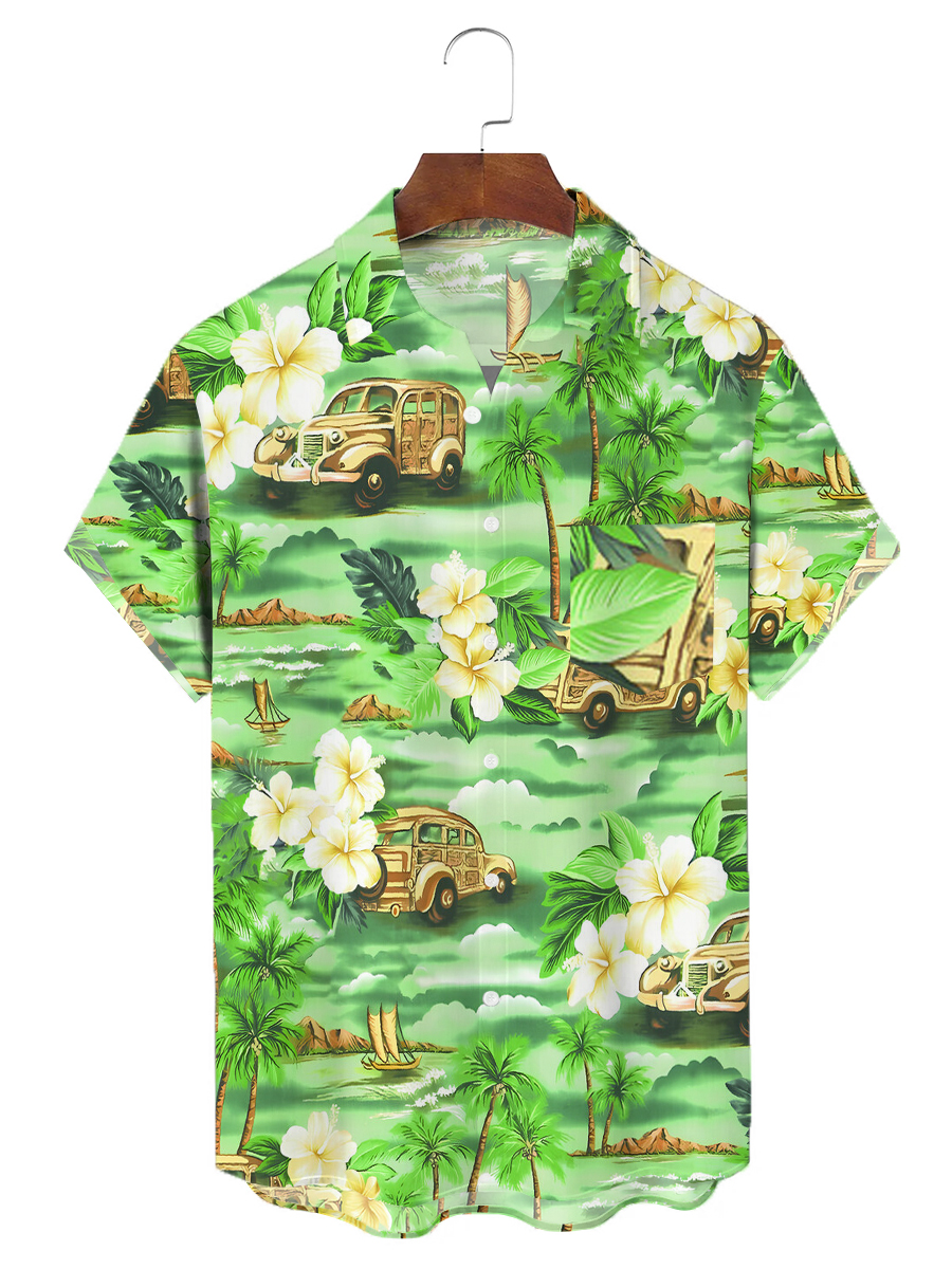 Moisture-Wicking Cars Chest Pocket Hawaiian Shirt