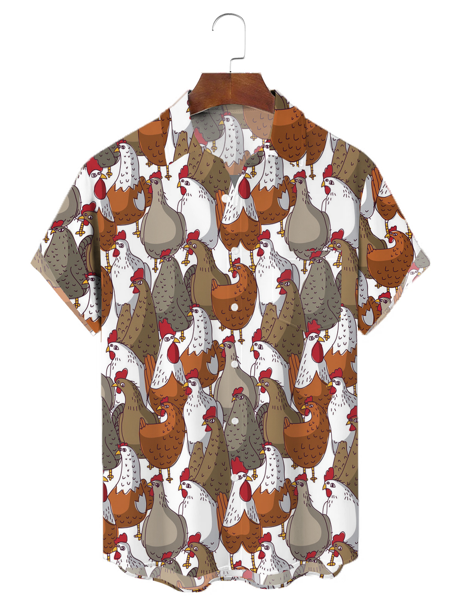 Men's Hawaiian Shirt Cocks Print Button Down Pocket Shirt
