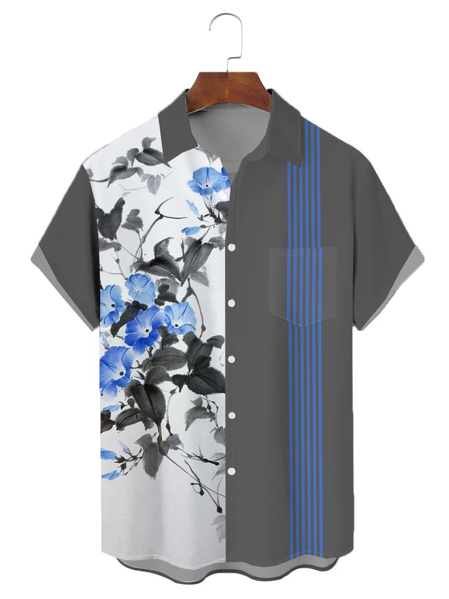 Men's Hawaiian Shirts Morning Glory Chest Pocket Short Sleeve Bowling Shirt