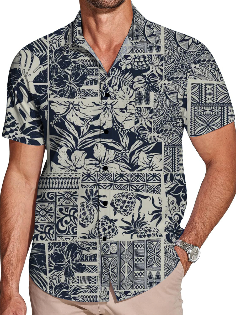 Vintage Hawaii Plants Chest Pocket Short Sleeve Casual Shirt