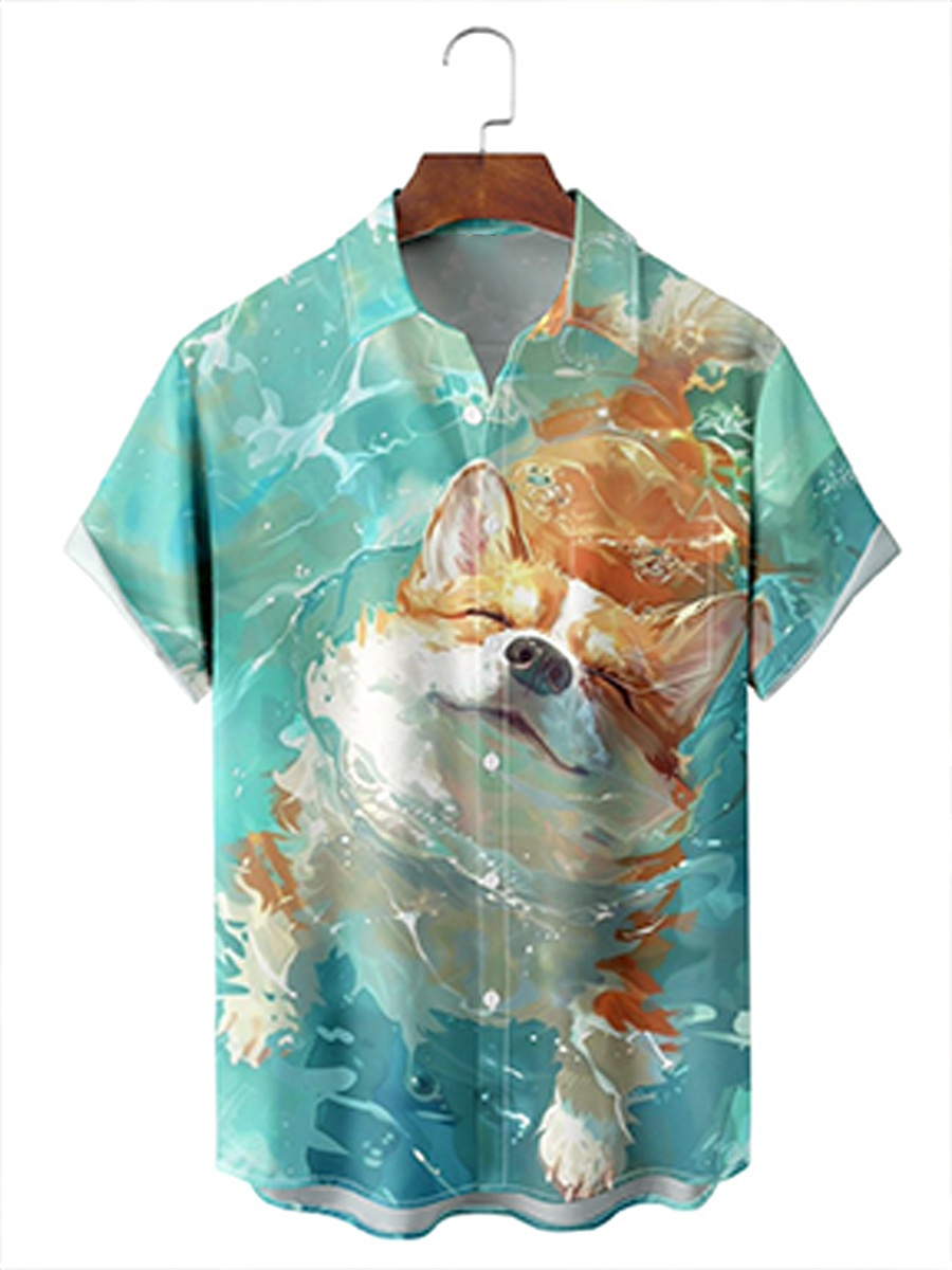 Men's Shirt Swimming Dog Print Casual Vacation Oversized Short Sleeve Shirt