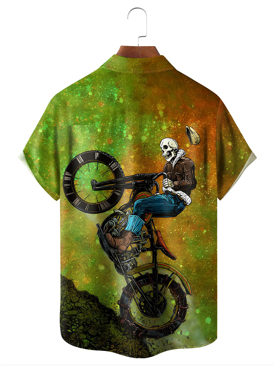 Skeleton Riding Motorbike Chest Pocket Hawaiian Shirt
