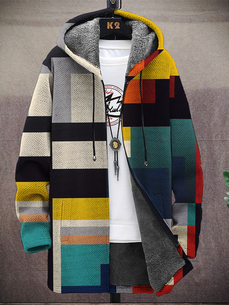 Men's Rainbow Square Print Hooded Two-Pocket Fleece Cardigan Jacket