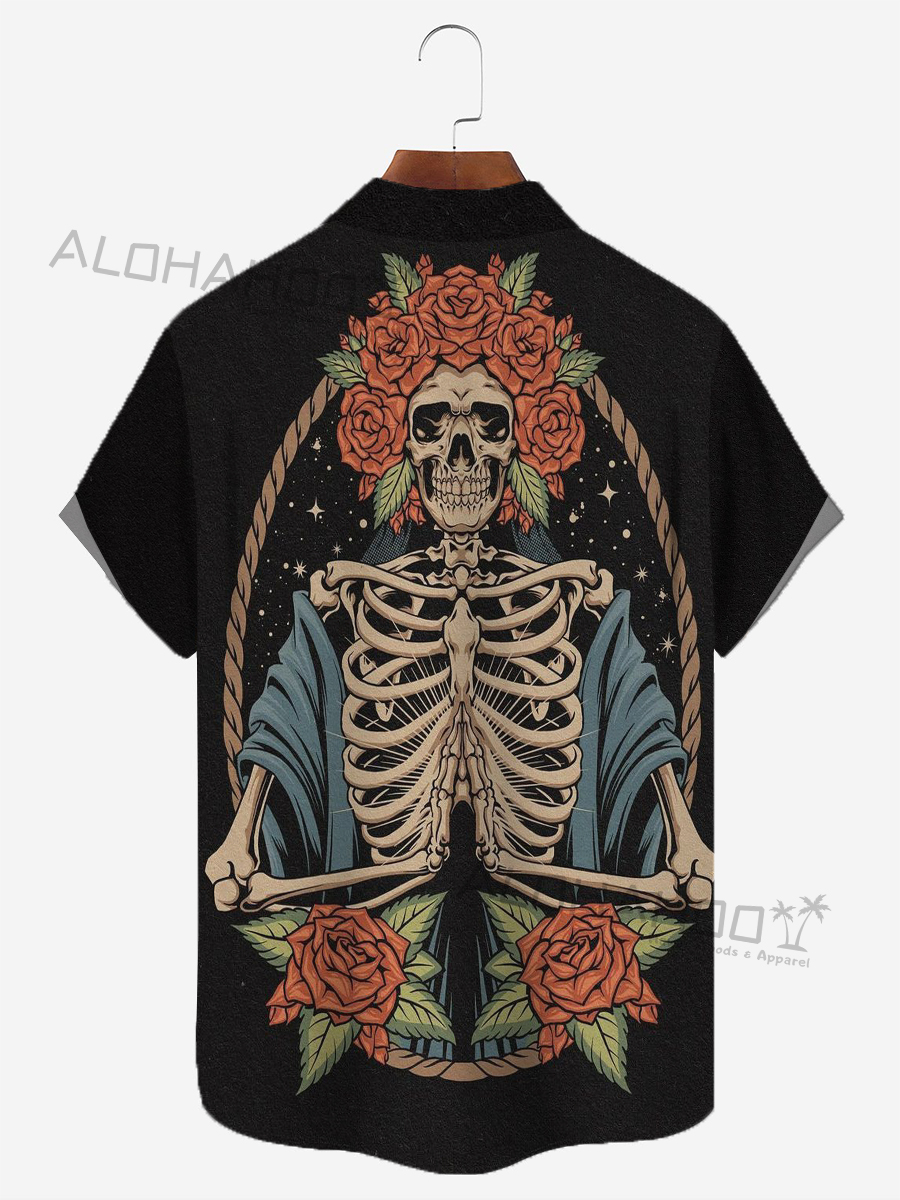 Moisture-Wicking Skeleton Chest Pocket Hawaiian Shirt