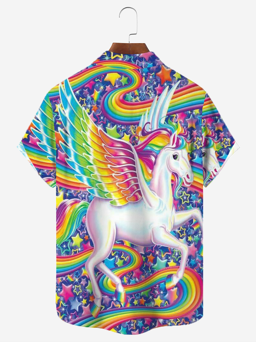 Men's Hawaiian Shirts Art Rainbow Unicorn Aloha Chest Pocket Shirts