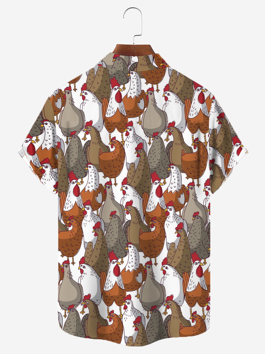 Men's Hawaiian Shirt Cocks Print Button Down Pocket Shirt