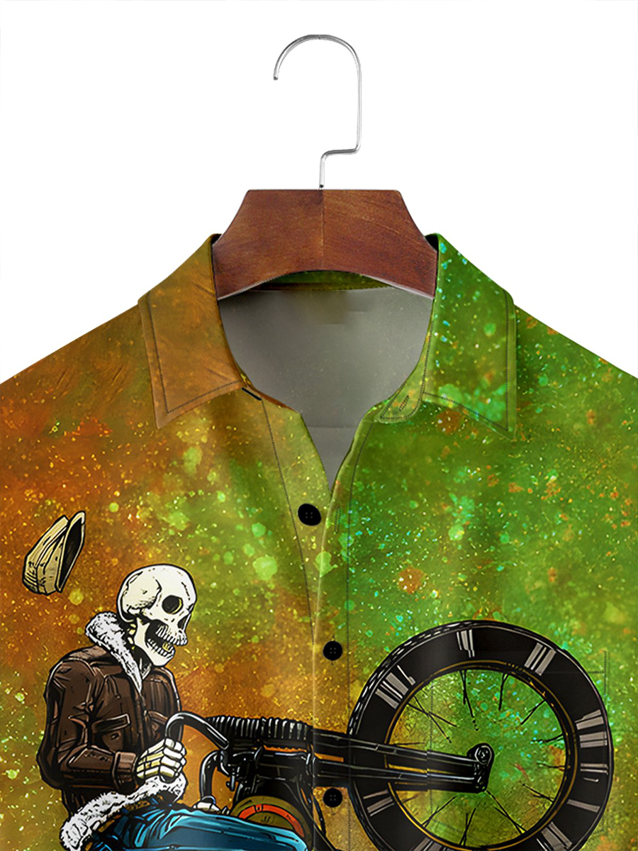 Skeleton Riding Motorbike Chest Pocket Hawaiian Shirt