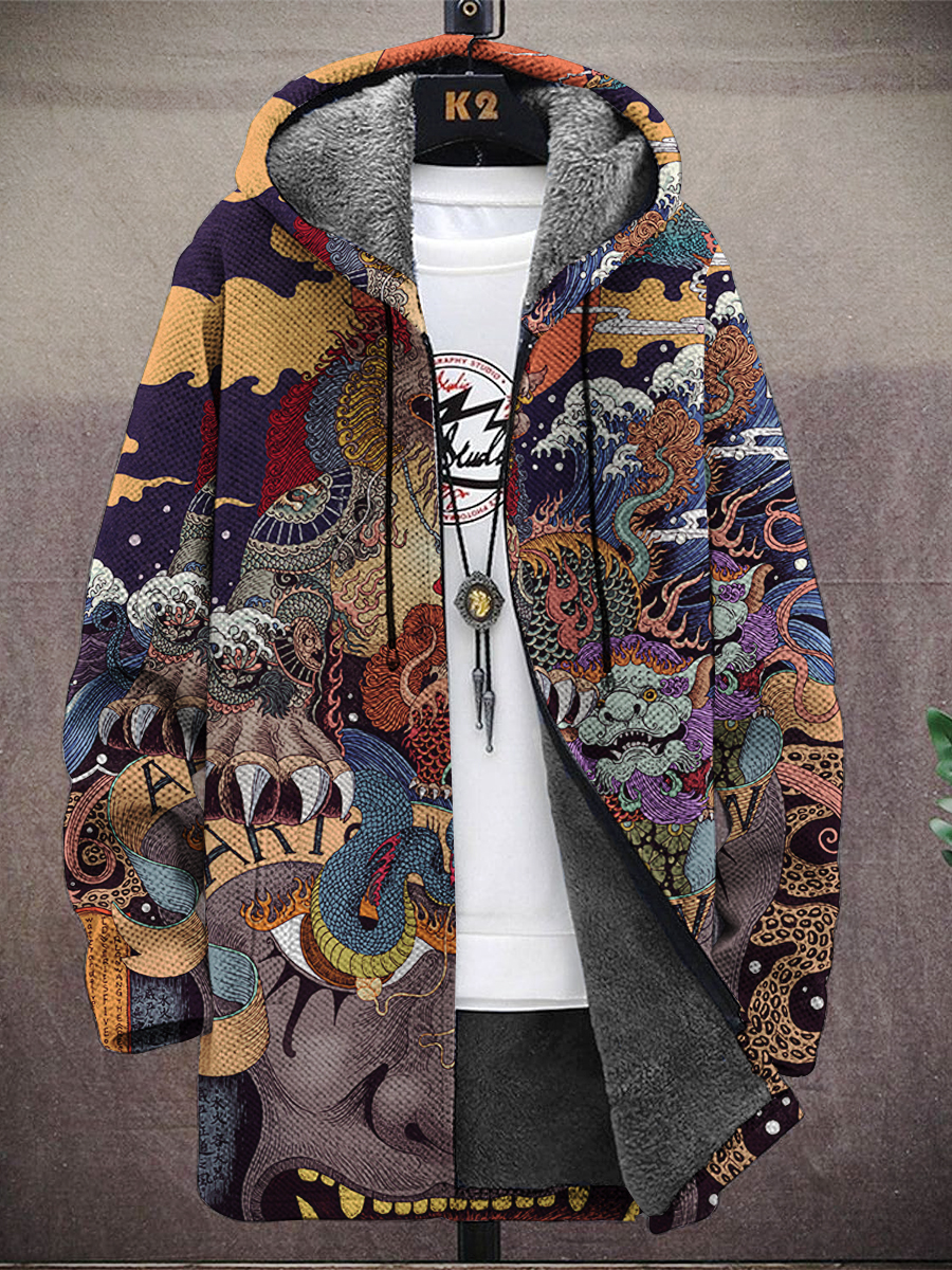 Men's Ukiyo-e Lion Print Hooded Two-Pocket Fleece Jacket