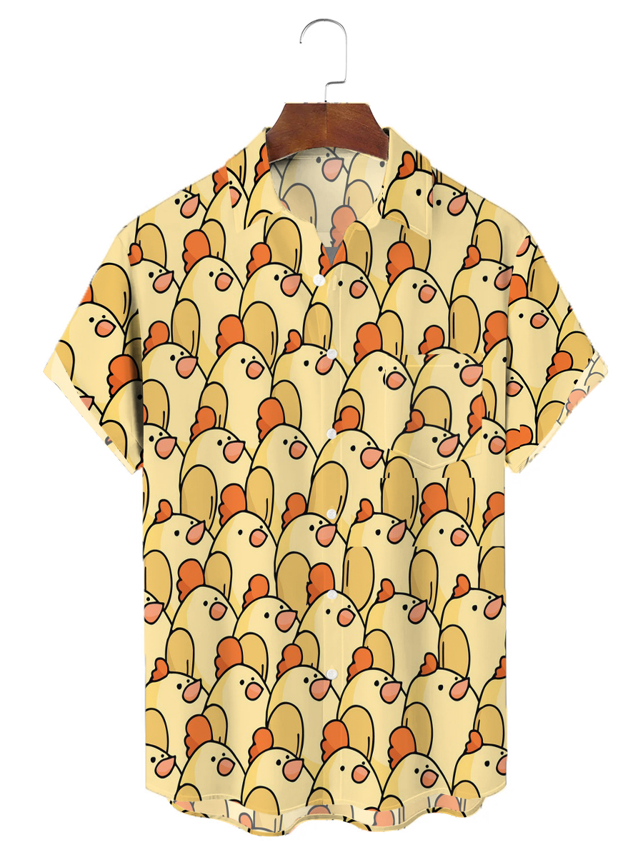 Men's Hawaiian Shirt Yellow Chicken Print Button Down Pocket Shirt