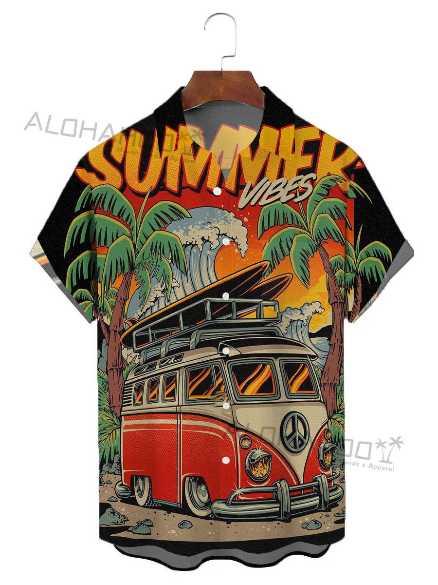 Moisture-Wicking Vintage Bus Chest Pocket Hawaiian Shirt