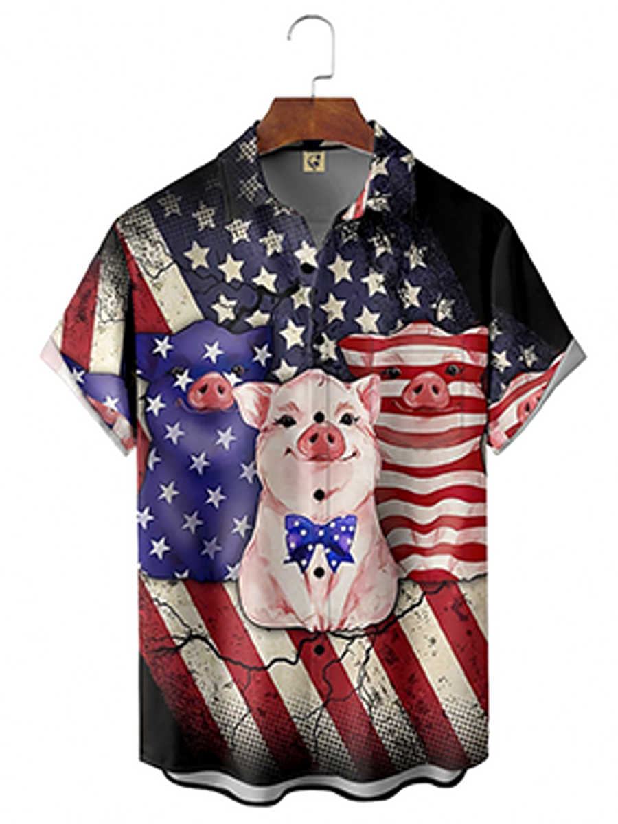 Men's Shirt Independence Pig Print Casual Vacation Oversized Short Sleeve Shirt