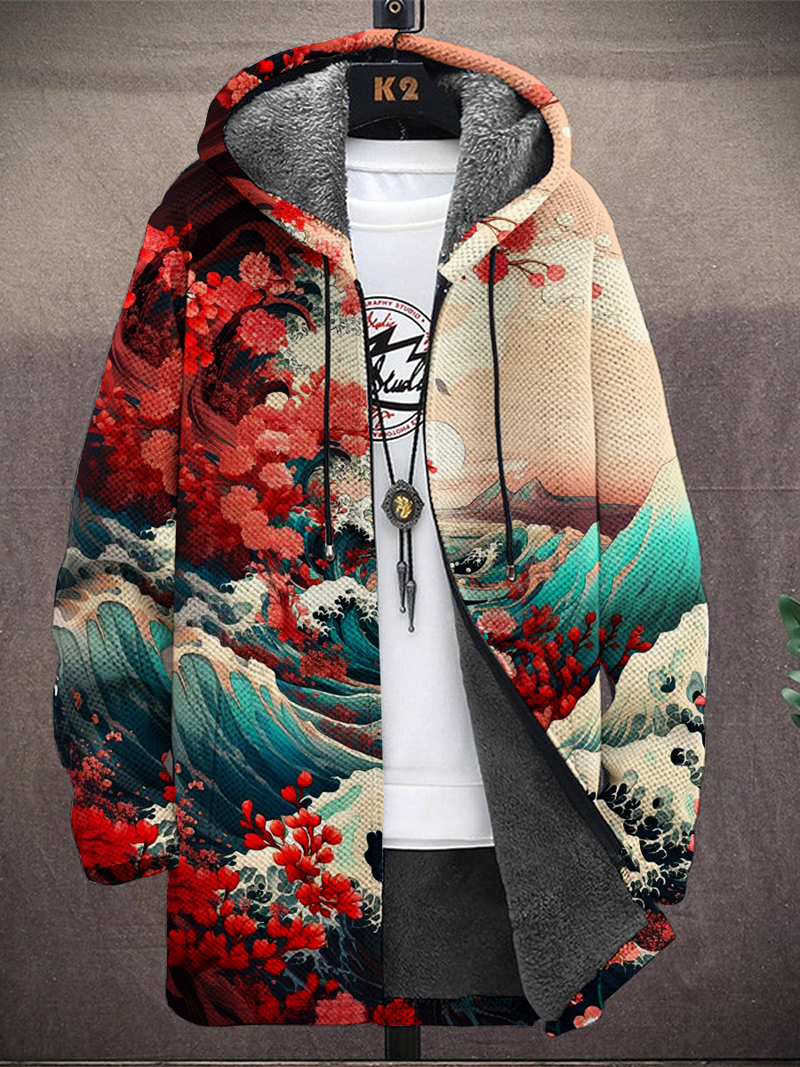 Men's Japanese Style Ukiyo-e Print Hooded Two-Pocket Fleece Cardigan Jacket