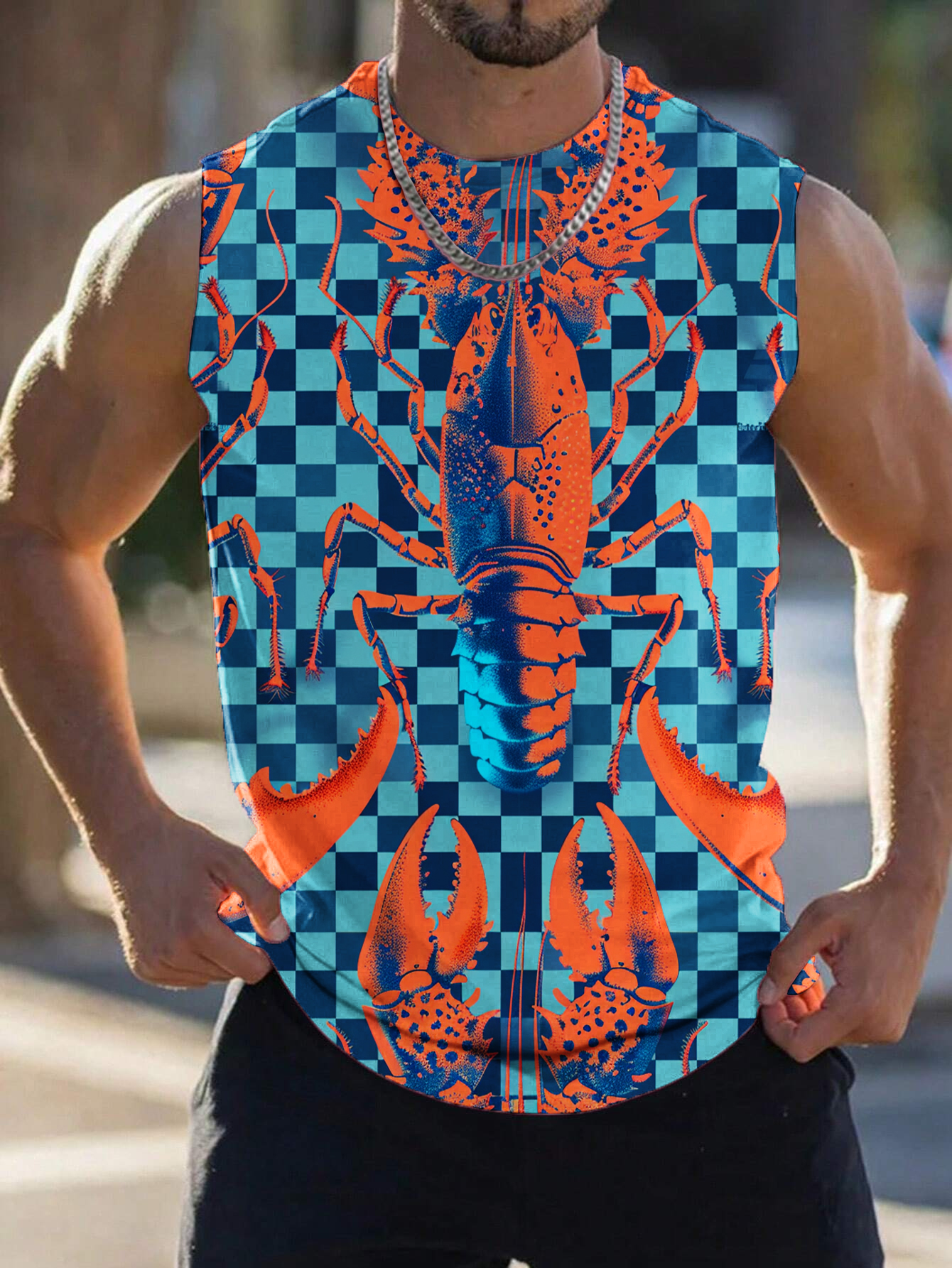 Alohahoo X Artist Tank Top Lobster On The Checkboard Print Cozy Sleeveless T-Shirt