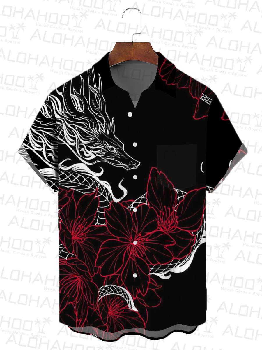 Dragon With Flower Pattern Short-Sleeved Hawaiian Shirt