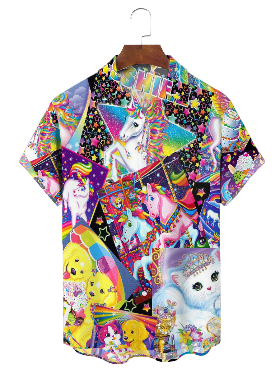 Men's Hawaiian Shirts Pride Rainbow Patchwork Aloha Chest Pocket Shirts