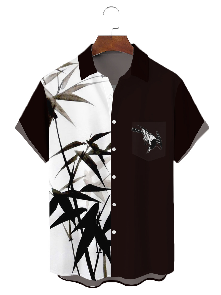 Men's Hawaiian Shirts Bamboo Chest Pocket Short Sleeve Bowling Shirt