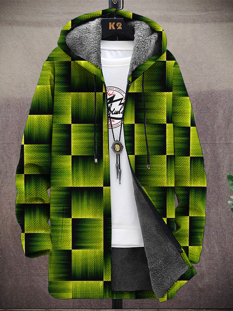 Men's Green Bamboo Square Print Hooded Two-Pocket Fleece Cardigan Jacket