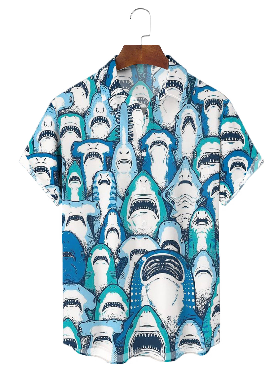 Men's Howling Shark Chest Pocket Short Sleeve Bowling Shirt