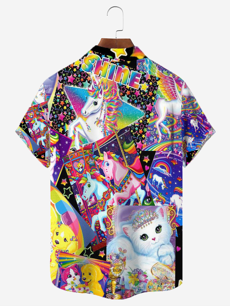 Men's Hawaiian Shirts Pride Rainbow Patchwork Aloha Chest Pocket Shirts