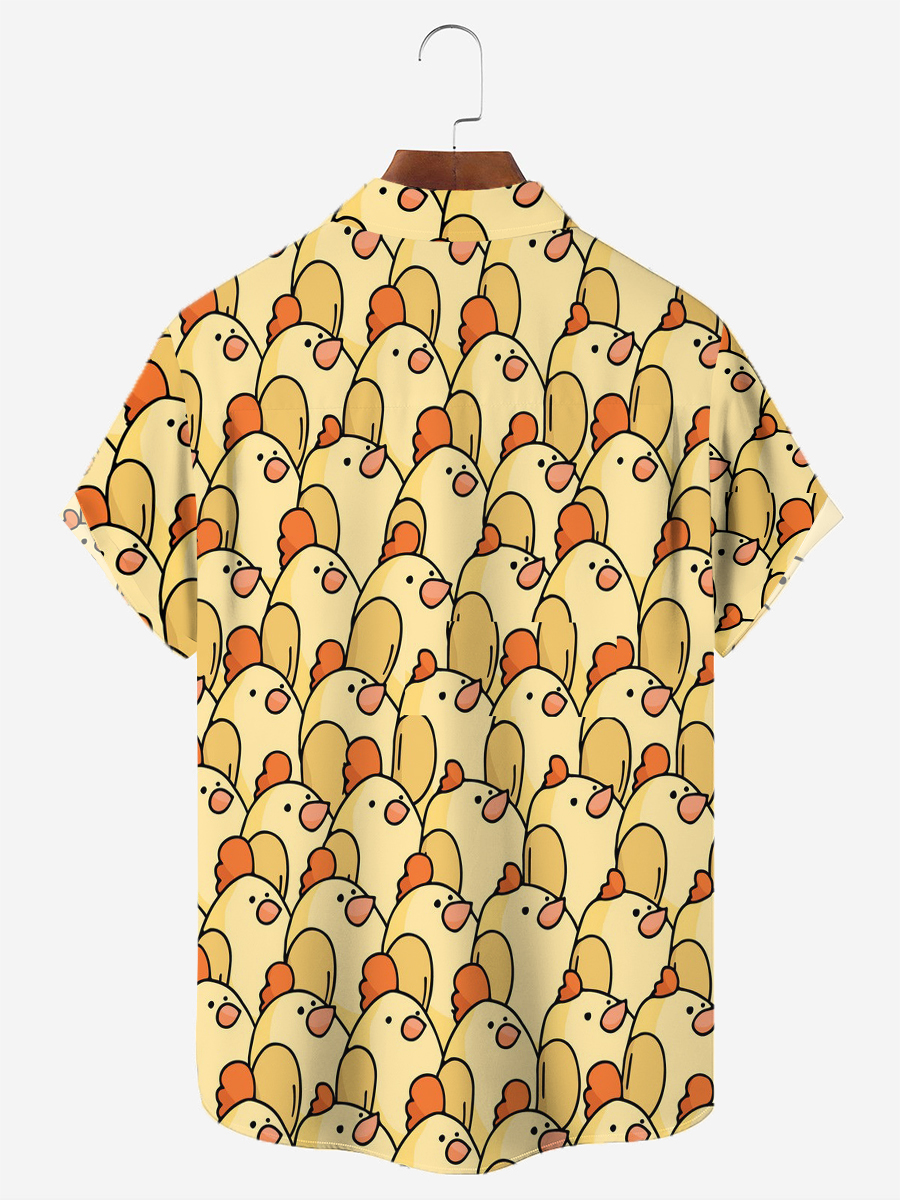 Men's Hawaiian Shirt Yellow Chicken Print Button Down Pocket Shirt