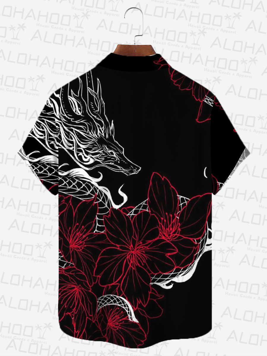 Dragon With Flower Pattern Short-Sleeved Hawaiian Shirt