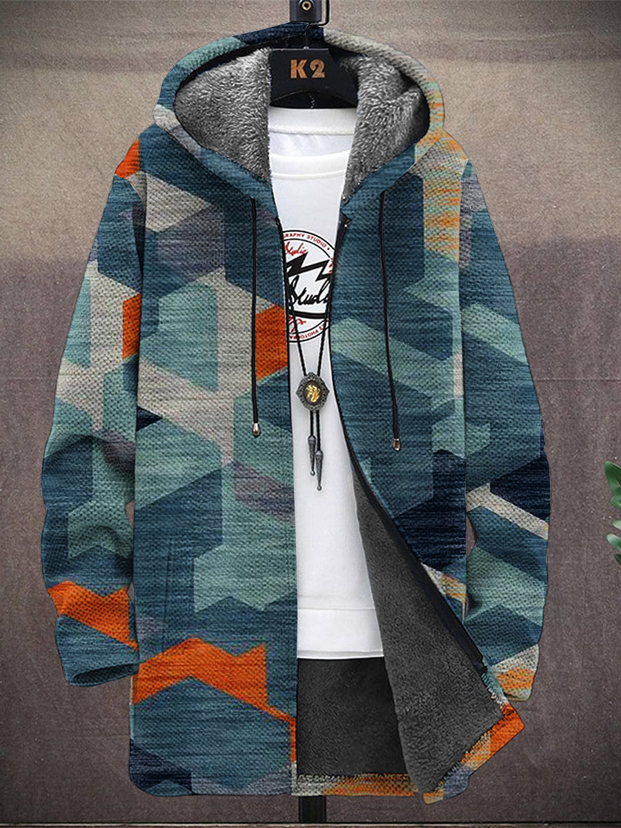 Men's Geometric Colorblock Print Hooded Two-Pocket Fleece Cardigan Jacket