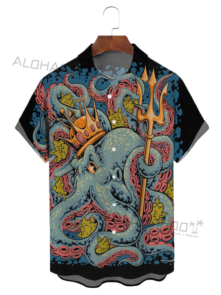 Moisture-Wicking Retro Octopus Chest Pocket Hawaiian Shirt